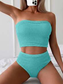 Swim Basics 女款青色抹胸比基尼上衣與褲子套裝，度假海灘夏季性感款 - 霧霾藍 - 查看 4