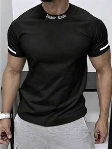 Manfinity Homme Men's Slim Fit Turtleneck Short Sleeve T-Shirt With "Please Leave" Print And Single Stripe Cuff Design - Black - View 1