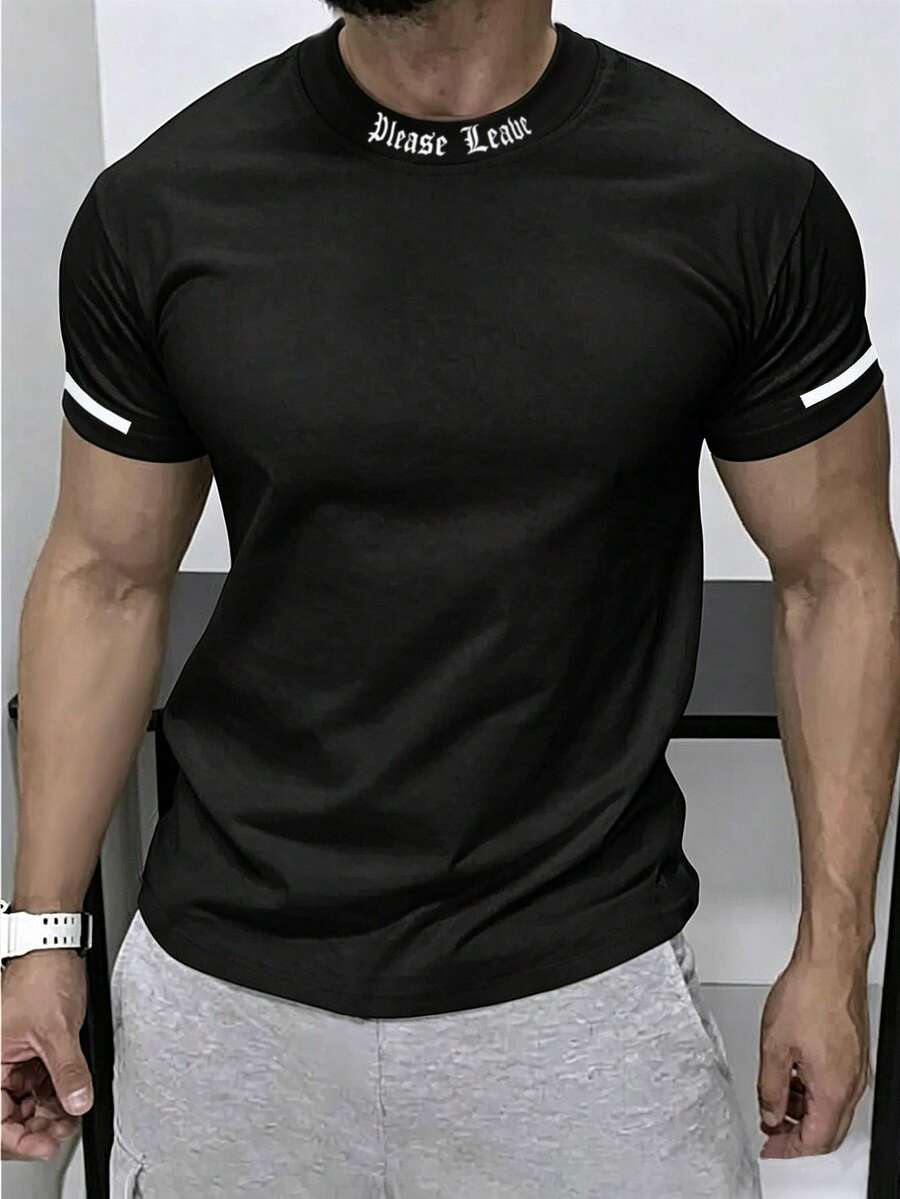 Manfinity Homme Men's Slim Fit Turtleneck Short Sleeve T-Shirt With "Please Leave" Print And Single Stripe Cuff Design - Black - View 1