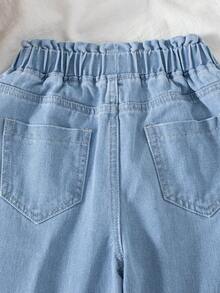 SHEIN Vintaside Kids Quần jeans ống rộng cạp chun cho bé gái tuổi teen, màu xanh nhạt, chất liệu cotton mềm mại, thoải mái, đa năng cho cả mùa, đi học, đi chơi, mùa xuân hè. - Rửa nhẹ - Xem 6