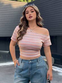 SHEIN EZwear Striped Colorful Asymmetrical Shoulder Short Sleeve Plus Size T-Shirt - Baby Pink - View 3