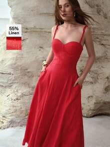 MOTF PREMIUM 女士亚麻束腰长款吊带裙 - 紅色 - 查看 2