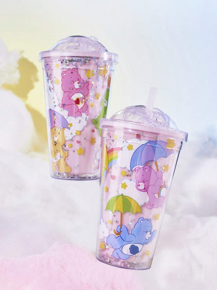 SHEIN X Care Bears 450毫升卡通草莓图案透明双吸管杯,礼品创意 - 粉色 - 查看 1