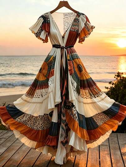 GlowEve 女士度假休闲撞色印花连衣裙