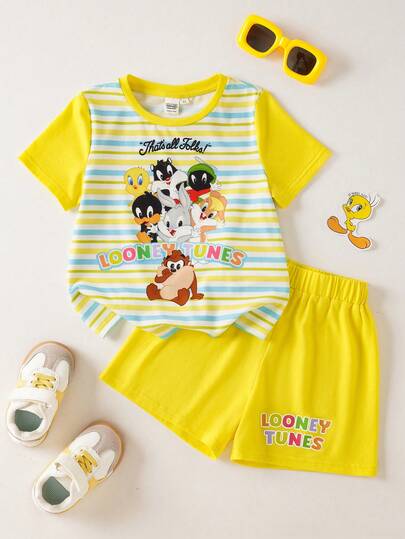 LOONEY TUNES X SHEIN 男童圆领短袖T恤和短裤两件套