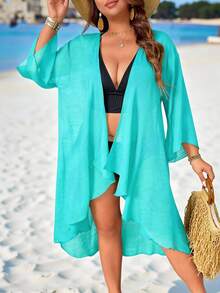 Swim Lushoire Plus Size Women's Solid Black Kimono Style Lightweight Loose Beach Cover Up, Mature & Minimalist Design - Teal Blue - View 3