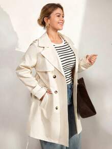 Momelise Plus Size Women's Elegant White Casual Trench Coat,Autumn Office Solid Color Long Sleeve Lapel Double-Breasted Windbreaker,Commuting Coat Fall - Apricot - View 7