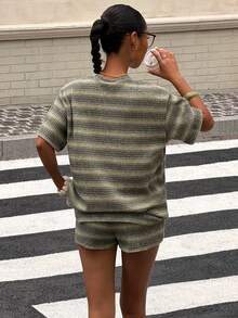 SHEIN Muchic Striped Knit Casual Women Short Sleeve T-Shirt And Shorts Set - Multicolor - View 2