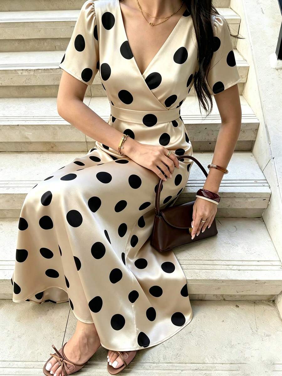 SHEIN Franclia Cross V-Neck Ruffle A-Line Elegant Polka Dot Dress For Women - Apricot - View 1