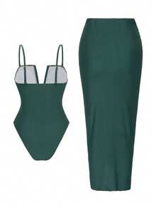 Swim Oasis 2pcs/Set Sexy Solid Color V-Neck Ruched Spaghetti Strap Bandeau One-Piece Swimsuit & Front Twist Split Beach Dress Set - Green - View 2