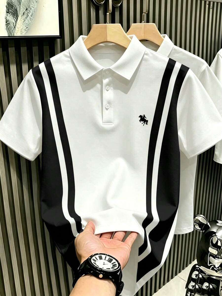 Manfinity Hypemode 男士復古運動風黑白配色拼接貴族馬匹剪影 Polo 衫，正式款
