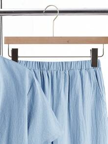 SHEIN Ensemble 2 pièces chemise à manches courtes et pantalon pour adolescents, col montant, décontracté, ample, polyvalent et confortable, rapport qualité-prix intéressant - Bleu ciel - Voir 5