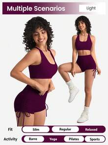 Seamluxe SHEIN Sport Fashion Peach Hip Lifting Yoga Shorts With Drawstring, Tight Fitting, Elastic High Waist, Suitable For Workout, Running, Fitness Orange Twilight - Purple - View 4