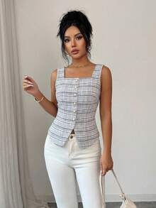 Elenzga Áo vest nữ thanh lịch, thời trang, chất liệu vải tweed dệt kim, cài khuy ngọc trai, cổ vuông, eo thắt, thích hợp cho kỳ nghỉ xuân hè. - Đen và trắng - Xem 4