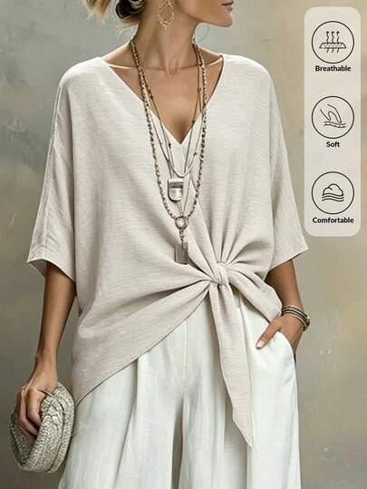 Louniche Women's Casual Linen-Like Solid Color V-Neck Twist Knot Blouse, Spring/Summer