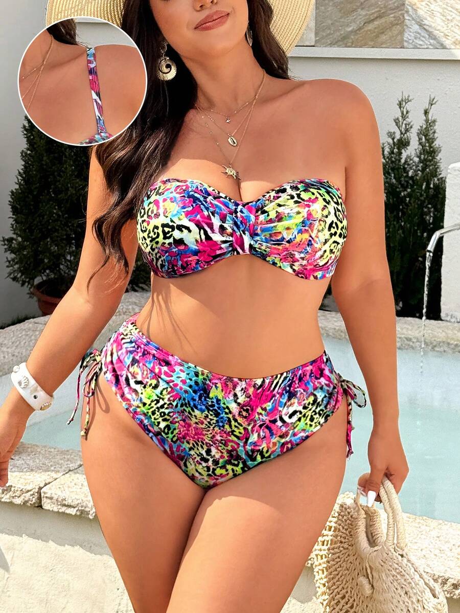 Swim Vcay Plus Size Women 2pcs/Set Random Print Casual Swimwear Set - Multicolor - View 1