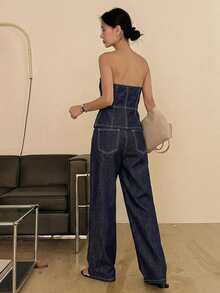 -Less Conjunto de top bandeau y pantalones vaqueros casuales para mujer, de verano - Azul - Ver 2