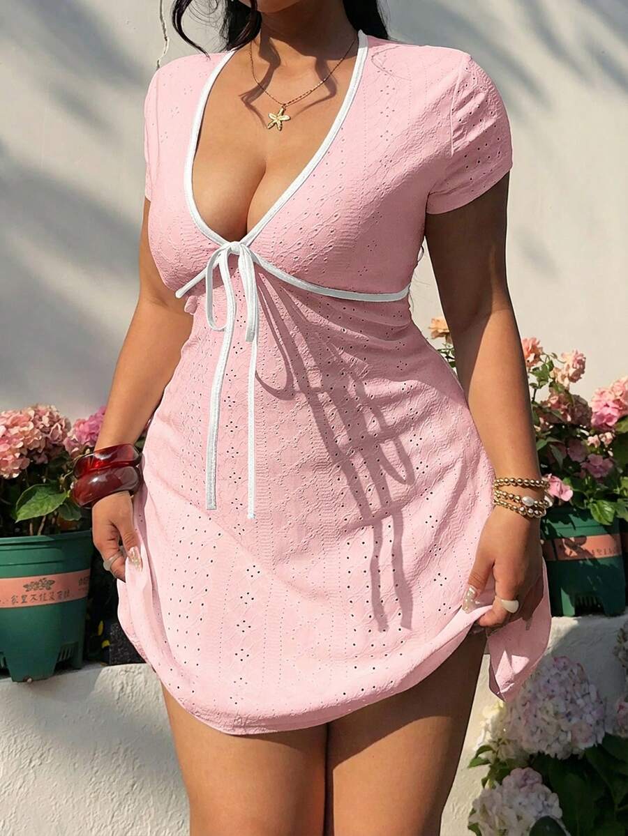 GalTyme Plus Size Women's Front Tie Short Sleeve Sexy Dress - Pink - View 1