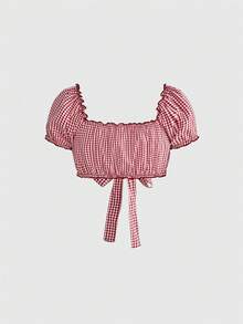 Sweetness Áo croptop tay raglan thắt nơ phía trước họa tiết kẻ caro dành cho nữ - Đỏ - Xem 2
