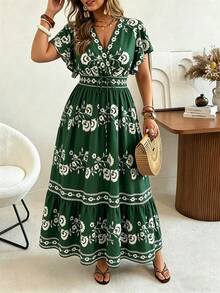 Ceyna Plus-Size Women's Summer Bohemian Business Casual Light Green Dress, Deep V-Neck With Ruffled Sleeves, Waist-Cinching A-Line Long Dress, Vacation - Multicolor - View 7