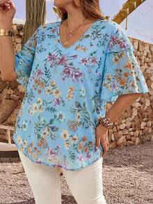 EMERY ROSE Plus Size Women Floral Print Ruffle Sleeve Loose Blouse - Baby Blue - View 3
