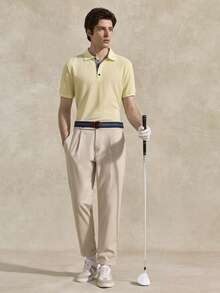 Courvante 男士字母刺繡領口 Polo 衫，條紋短袖黃色，適合工作、高爾夫、網球，極簡商務通勤與男友風 - 黃色 - 查看 10