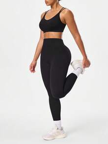 Easithlete Easithlete 2件組女款黑色純色交叉背運動內衣與緊身褲套裝，夏季性感健身房運動服，訓練套裝，無縫瑜伽褲套裝 - 黑色 - 查看 4
