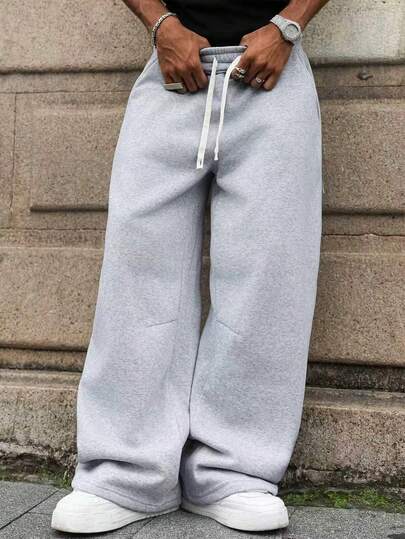 Manfinity EMRG Men's Solid Color Drawstring Waist Pocket Casual Loose Fit Sweatpants,Gray Autumn Oversized Work Baggy Wide Leg Joggers Track Pants Pro Club Jogging