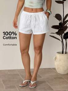 SHEIN PETITE Women Casual Modest Loose Drawstring Solid Color Shorts, Versatile For Everyday Wear White Linen Shorts Beach Summer - White - View 5