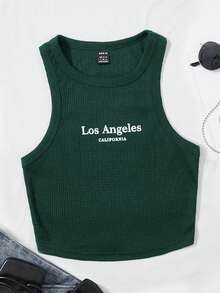 SHEIN EZwear Letter Graphic Ribbed Knit Tank Top - Dark Green - View 1