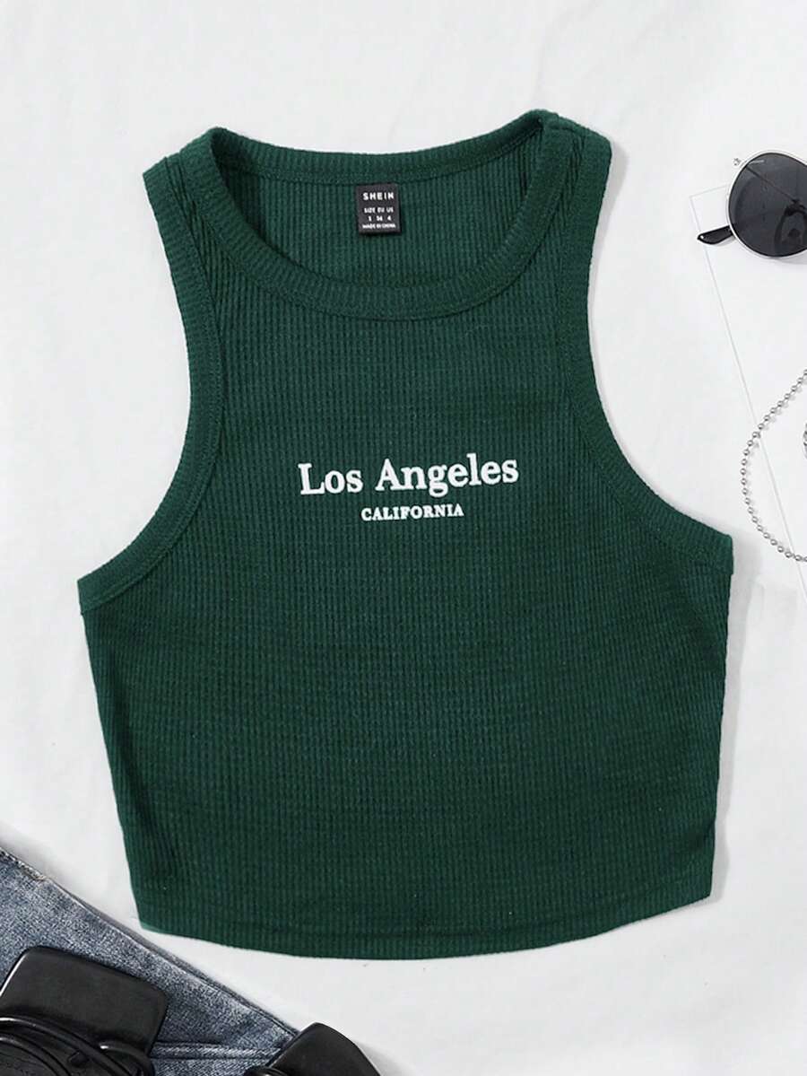 SHEIN EZwear Letter Graphic Ribbed Knit Tank Top - Dark Green - View 1