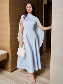 Modelyn 女士纯色不对称设计披肩袖优雅中长连衣裙 - 藍色 - 查看 9