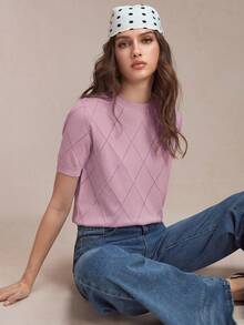 BizChic Top de punto de manga corta de unicolor versátil y casual - Morado - Ver 8
