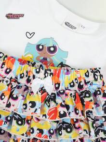 THE POWERPUFF GIRLS X SHEIN Maija Kids Set da 2 pezzi per ragazza con maglietta pullover a maniche corte in maglia morbida con scollo rotondo e fantasia, e gonna-pantalone a balze con vita elastica - Multicolore - Visualizzare 5