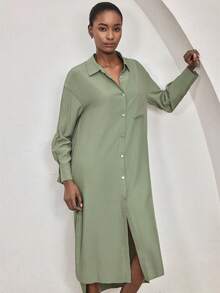 Ocili Soft & Comfortable Mandarin Collar Long Sleeve Maxi Dress With Shell Buttons, Viscose & Cotton Blend Sleepwear For Women - Dark Green - View 6