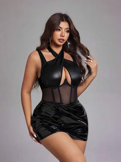 Viva Relle 大码女式春夏黑色仿皮性感镂空绷带休闲法式弹力针织百搭舒适叠穿上衣，优雅性感年轻女士服装