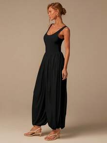 COSMINA Bộ jumpsuit không tay cổ chữ U, jumpsuit thanh lịch, jumpsuit mùa hè dành cho nữ, jumpsuit màu trắng, phù hợp cho mặc hàng ngày, phong cách đường phố, hẹn hò, ngày Valentine, chất liệu vải dệt kim co giãn. - màu đen - Xem 2
