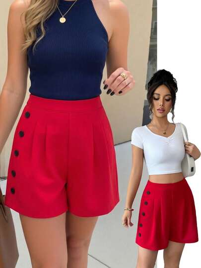 Elenzga Contrast Color Button Decor Elegant Minimalist Women's Shorts, Suitable For Commuting