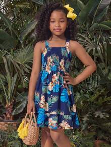 SHEIN 少女热带植物印花连衣裙，后背交叉蝴蝶结装饰，收腰设计，适合日常通勤、夏季海滩、度假、休闲穿着。 - 彩色 - 查看 4