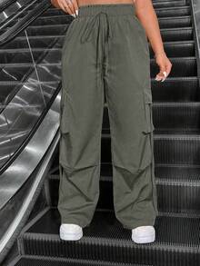 Plus Size Women Solid Color Casual Versatile Drawstring Waist Cargo Pants - Khaki - View 4
