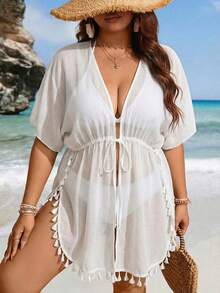 Swim Lushoire 2026 New Model  Plus Size Women Kimono Robe, Lightweight, Slit, Fringe Trim, Loose Waist Tie Belt,  Mature, Vacation, Beach Wear - White - View 3