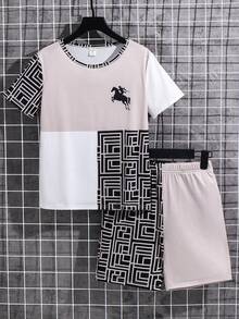 2件套儿童/青少年男童休闲简约夏季套装，男童服装套装：银色印花T恤+条纹短裤 - 卡其色 - 查看 3