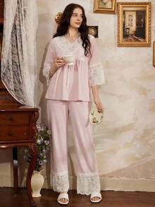 Côtesoire Romantic French Elegant Lace Women Pajama Set - Pink - View 4