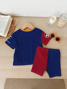 SHEIN 2pcs/Set Young Girl Casual Minimalist Short Sleeve Shorts Outfit, Suitable For Summer, Classic Football Baby Design, Cool Color Block Patchwork Print, Slogan "6,7,SIX,SEVEN" Print, Football Graphic Print, Suitable For Sports, Suitable For Spring & Summer - Multicolor - View 3