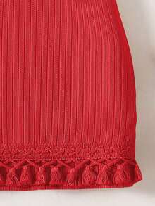 SHEIN Genkimix Kids 1 chiếc đầm dệt kim xoắn có tua rua cho bé gái, thích hợp cho kỳ nghỉ ngoài trời ở bãi biển, mùa hè. - Đỏ - Xem 5