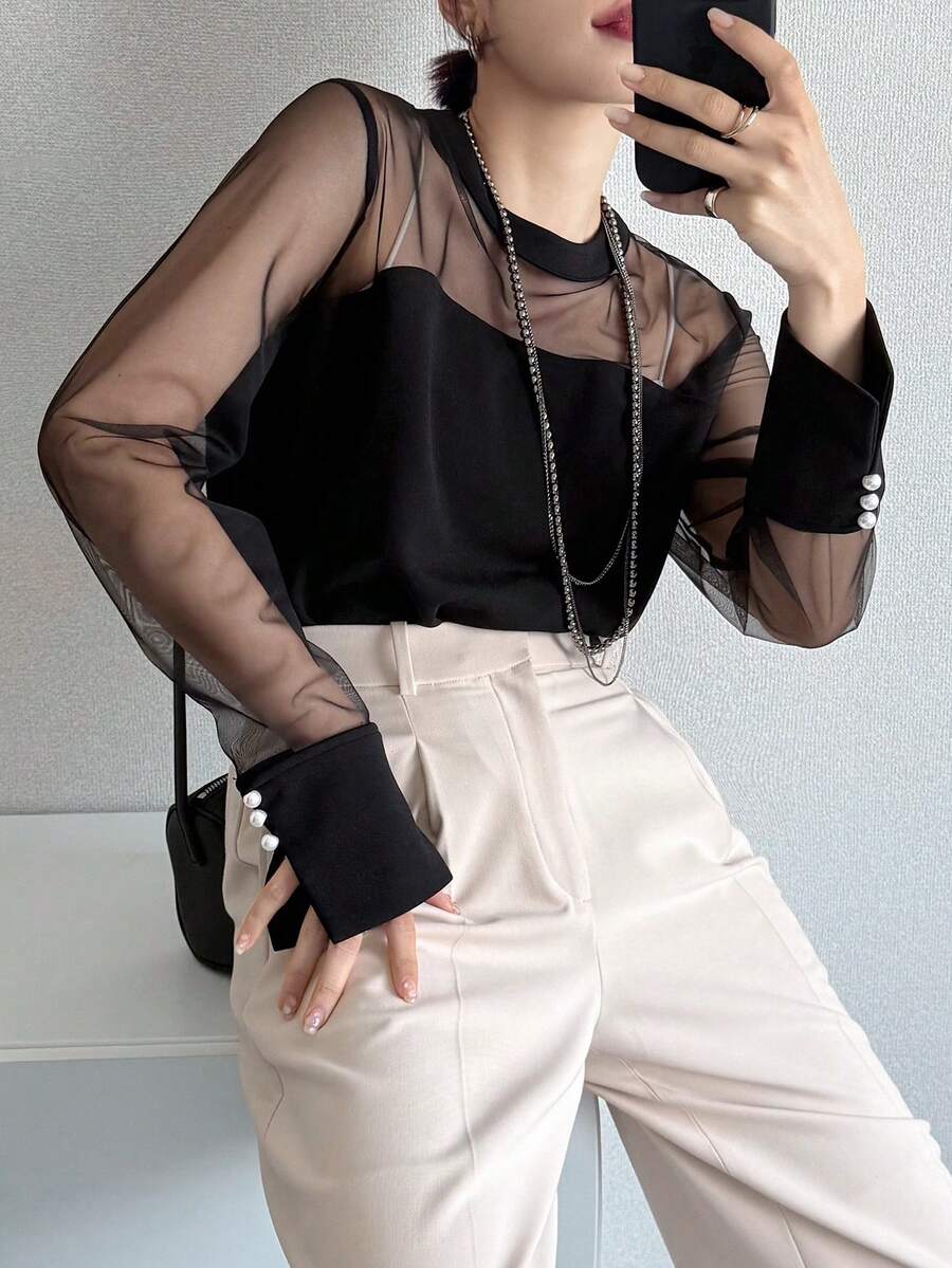 FRIFUL Damen Einfarbiges Mesh Patchwork Langarm Modisches T-Shirt - Schwarz - Übersicht 1