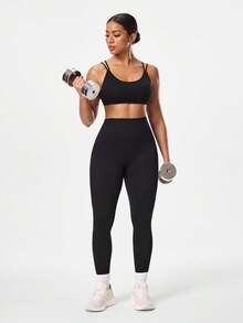 Easithlete Easithlete 2件組女款黑色純色交叉背運動內衣與緊身褲套裝，夏季性感健身房運動服，訓練套裝，無縫瑜伽褲套裝 - 黑色 - 查看 5