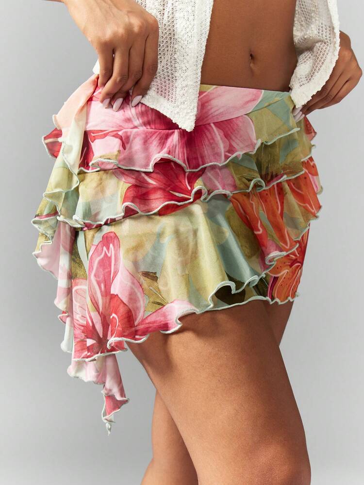 MISSGUIDED Tropical Paradise Floral Print Ruffle Mini Skirt Layered Mesh Beach Resort Vacation Summer Party Festival Hawaiian Beachwear Spring Break Dance