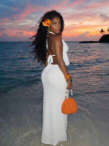 Slaydiva Summer Beach Vacation Metal Decor Spaghetti Strap Top And Long Skirt, Chiffon White 2 Pieces Set For Women - White - View 3