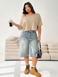Solflare Áo thun kaki mùa hè dáng rộng cỡ lớn - Màu Khaki - Xem 5